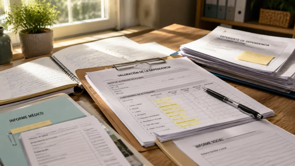 Baremo de Valoración de la Dependencia (BVD) con informes médicos y documentación para la valoración.